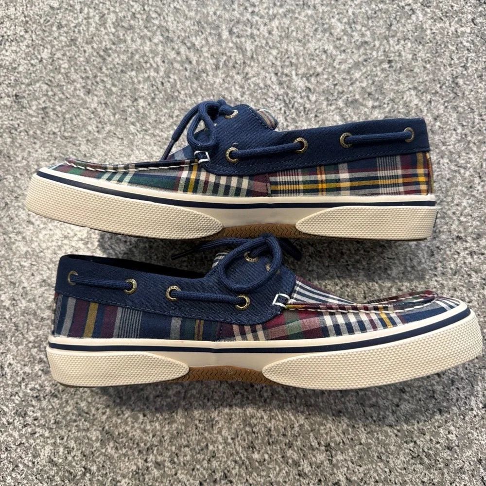 Sperry Boat Shoes Mens 8 Halyard Pretty Plaid Casual Navy STS22763